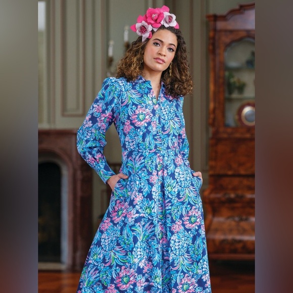 Lilly Pulitzer MIRA STRETCH MIDI SHIRT DRESS High Tide Navy Pineapple - Picture 1 of 6